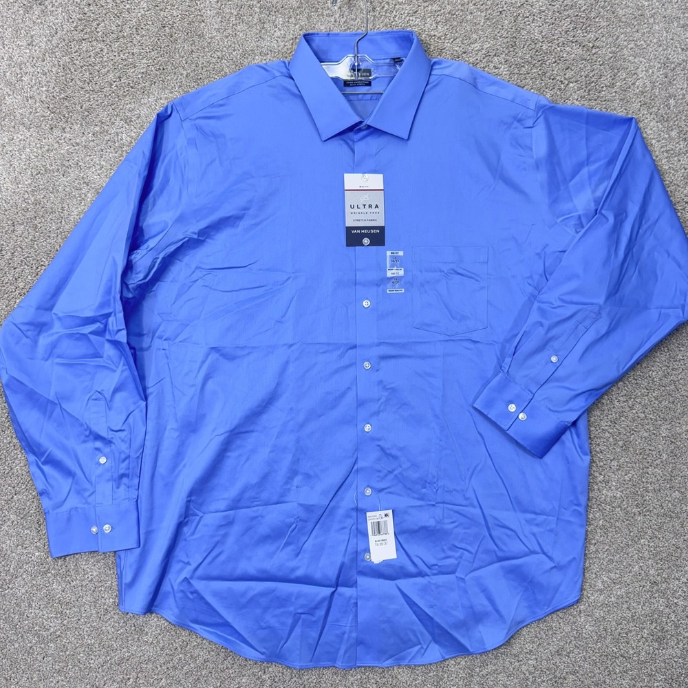 Van Heusen Dress Shirt Mens 19 36/37 Ultra Wrinkle Free Blue Frost Big Fit NEW